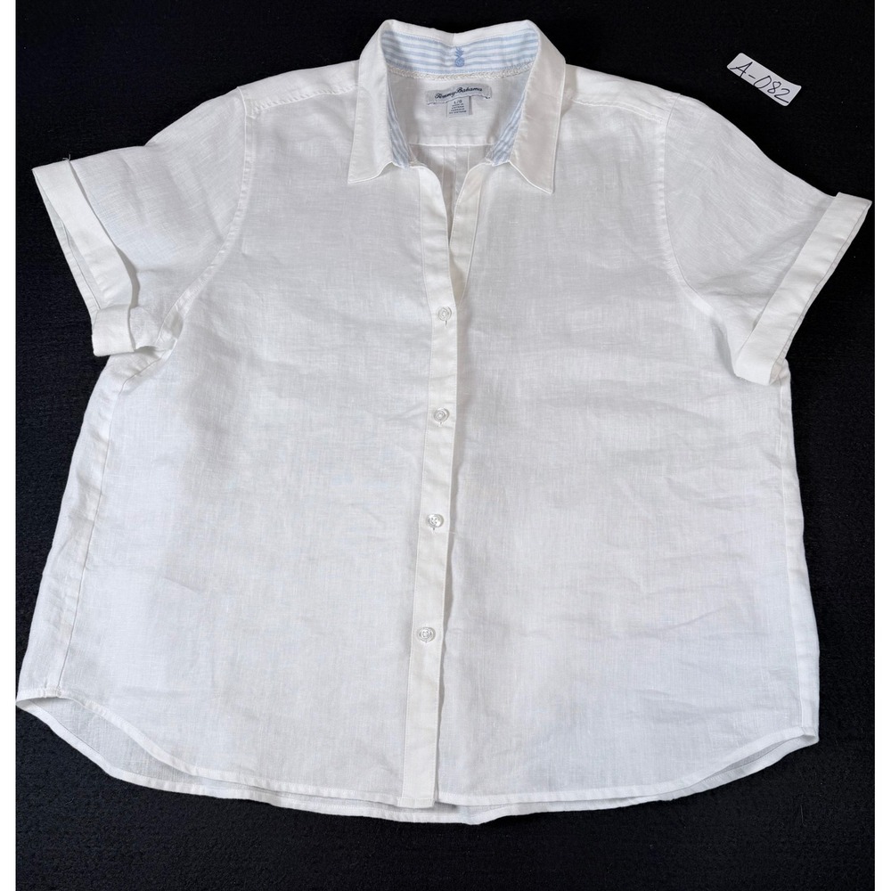 Tommy Bahama White Linen Short Sleeve Button Down Shirt Women Large Striped Trim